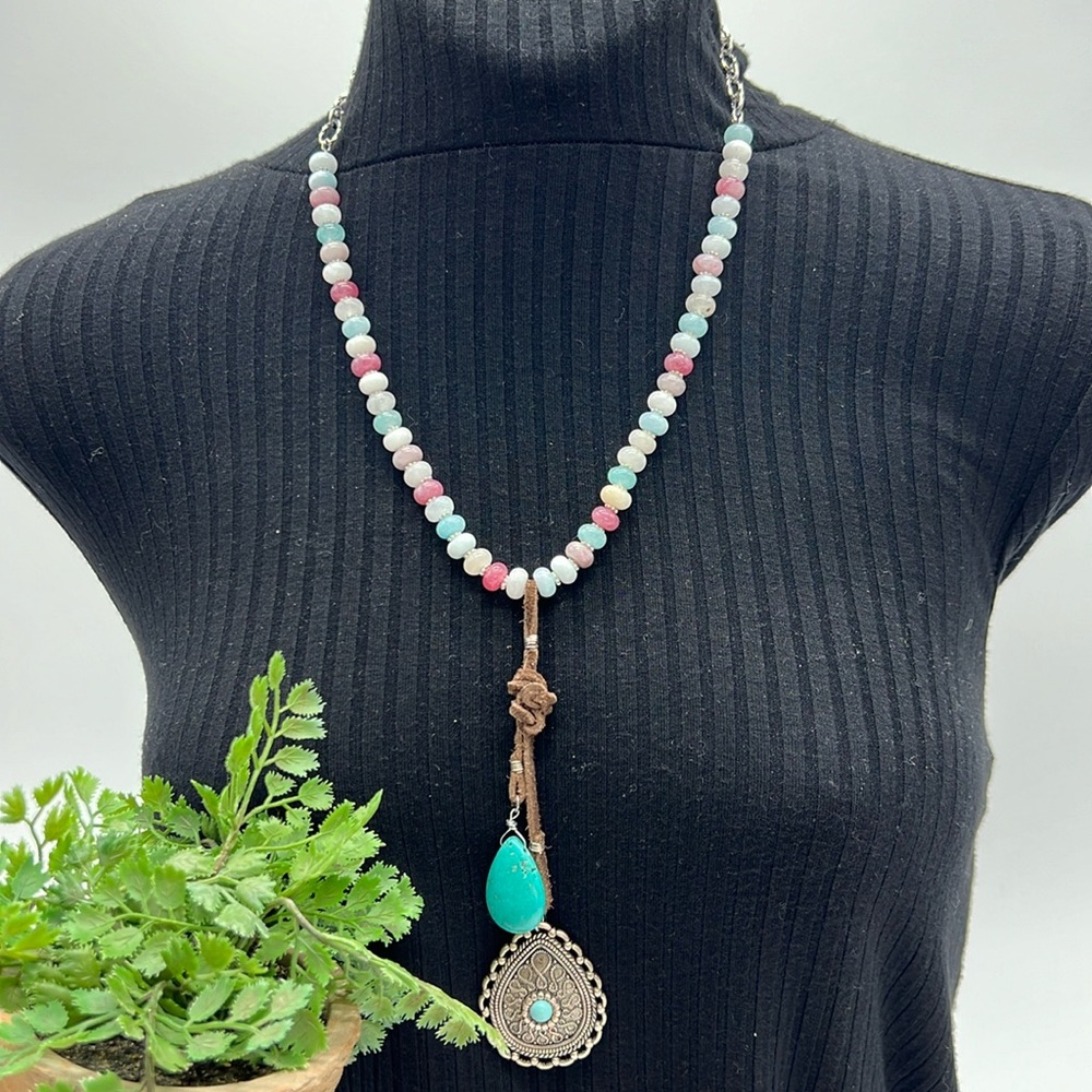 Multicolor Beaded Necklace with Turquoise Pendant